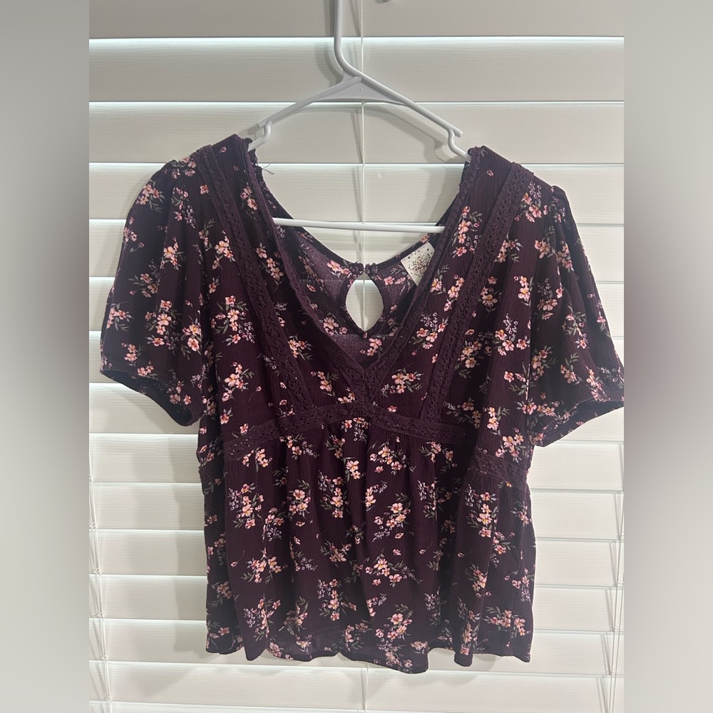 Self Esteem Plum Floral V-Neck Short Sleeve Top